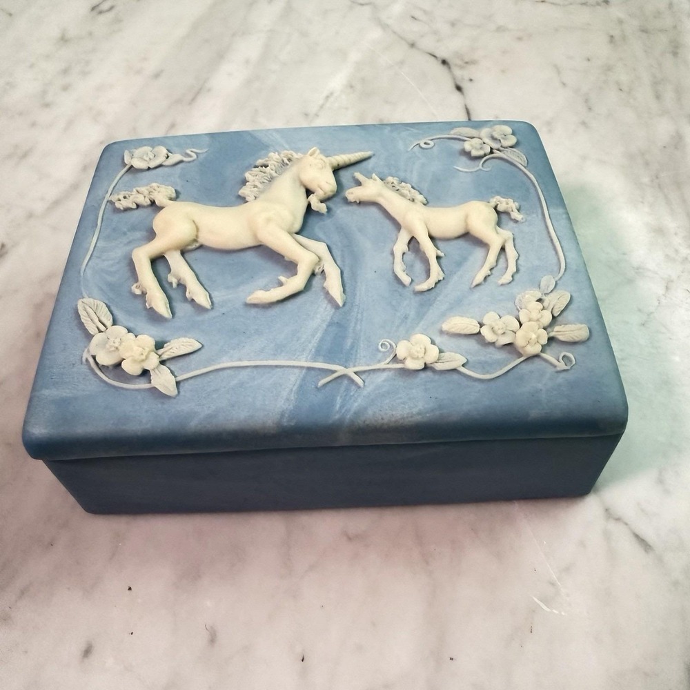 VTG 80s Genuine Incolay Stone Unicorn Mother Baby Trinket Box Powder Blue White